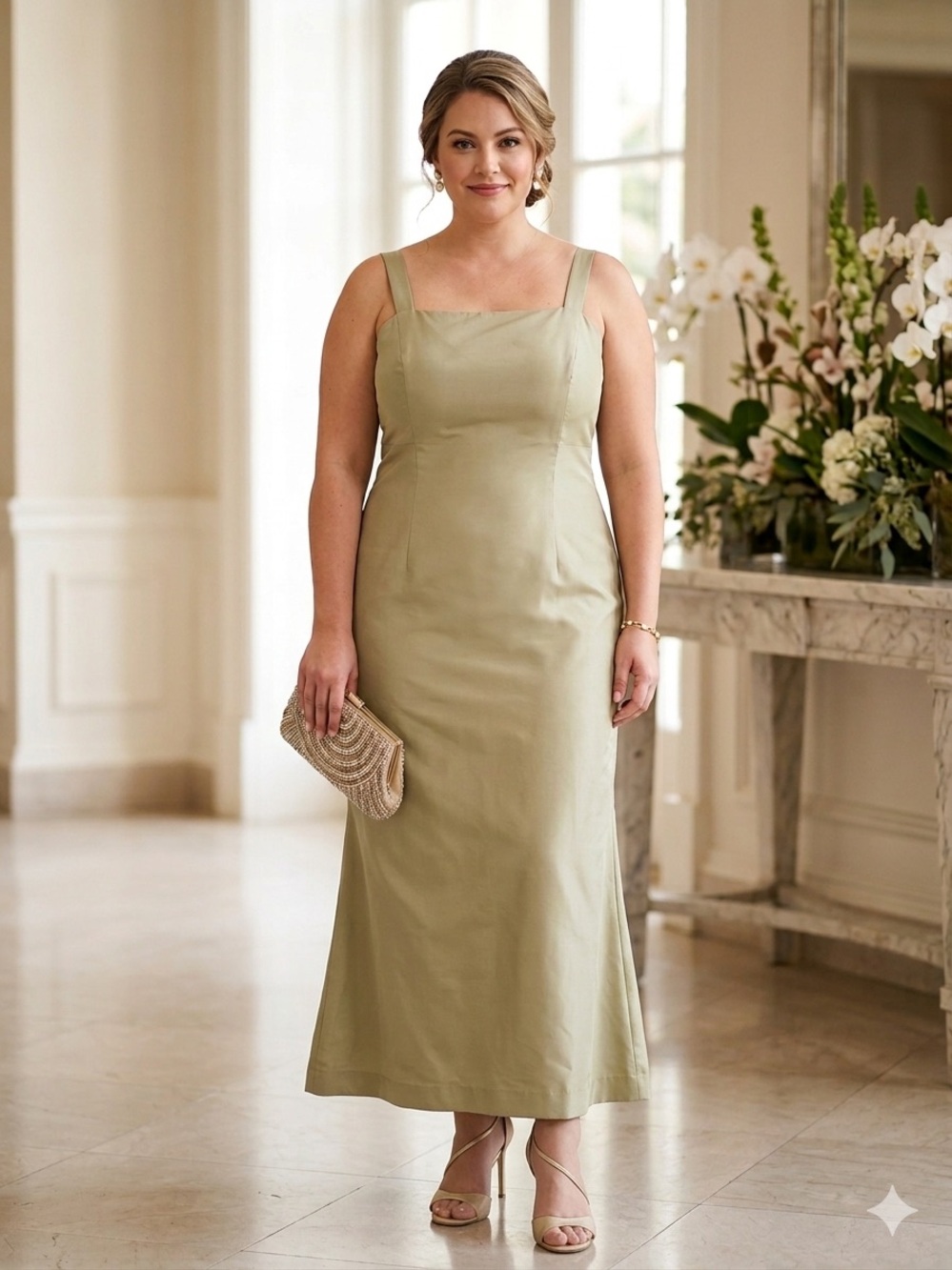TALBOTS Elegant Classic Beige Maxi Dress with Square Neck. Size 16